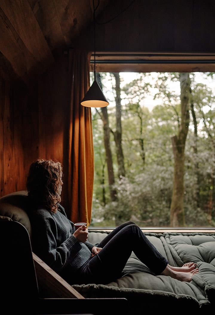 Person sitting at a large window with view of woodlands 